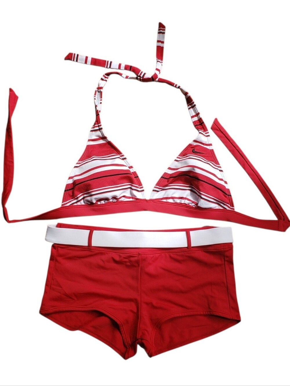 Nike Swim Red Stripe Bikini Set Size 8 Halter Top Boyshort Bottoms Y2K Surf